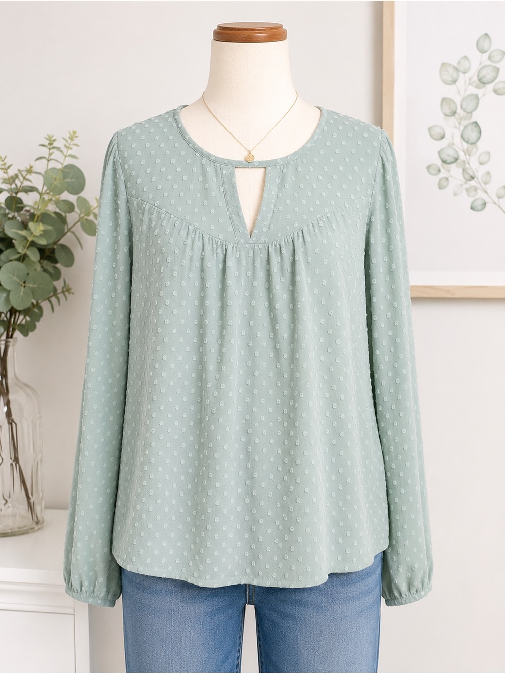 Maurices Swiss Dot Long Sleeve Blouse | Sage Green | XXL